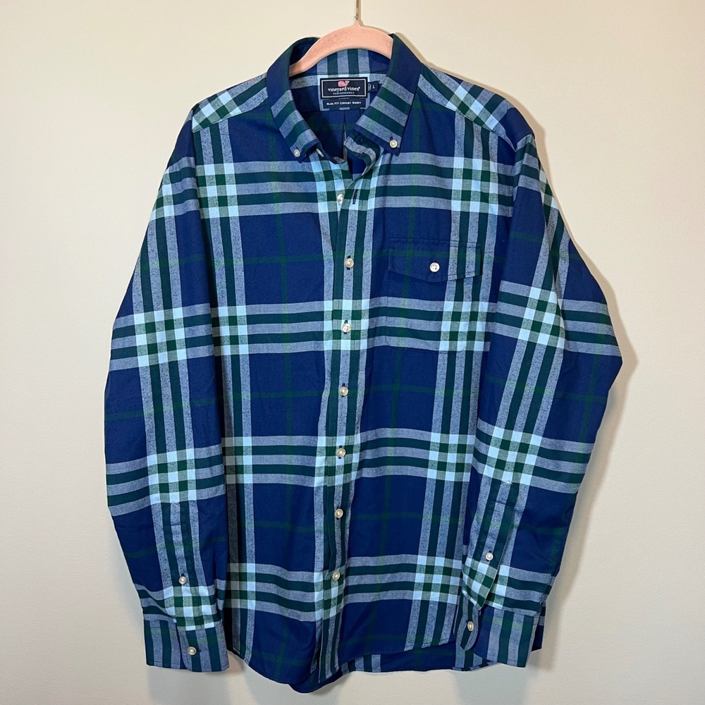 Vineyard Vines Performance Slim Fit Crosby Shirt Men's Large Navy Green Plaid